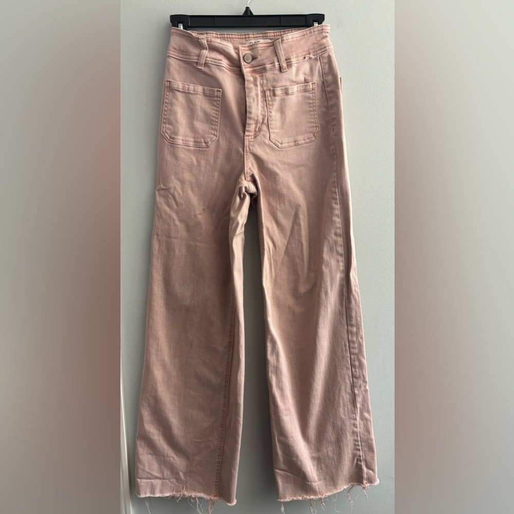 OAT New York salmon coral wide leg high rise denim w flat front pockets